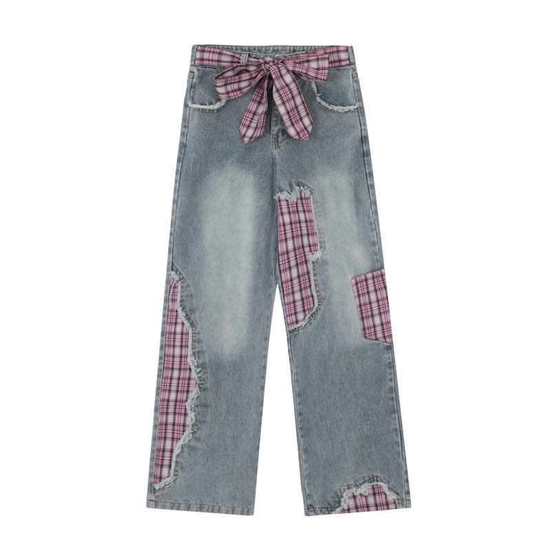 Design Frayed Plaid Stitching Jeans