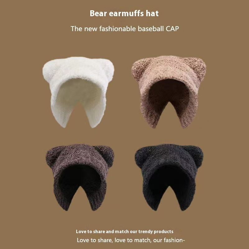 Bear Knitted Hat Cute Wool Keep Warm Makes Face Look Smaller