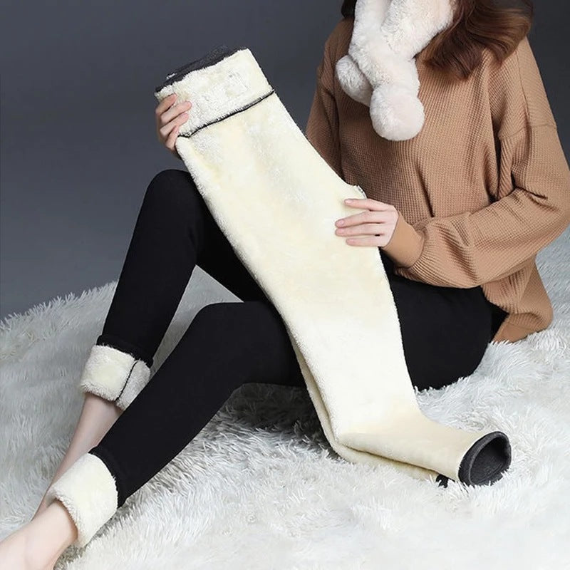 Outer Wear Plus Velvet Padded Feet Women High Waist Stretch Thermal Pants Cotton Trousers