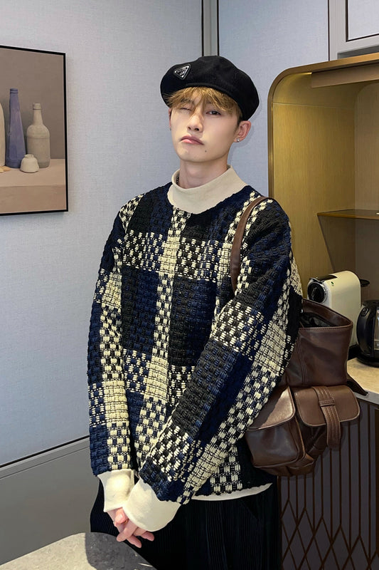 Retro kontrastfarvet sweater til mænd, lille, duftende, vævet plaid