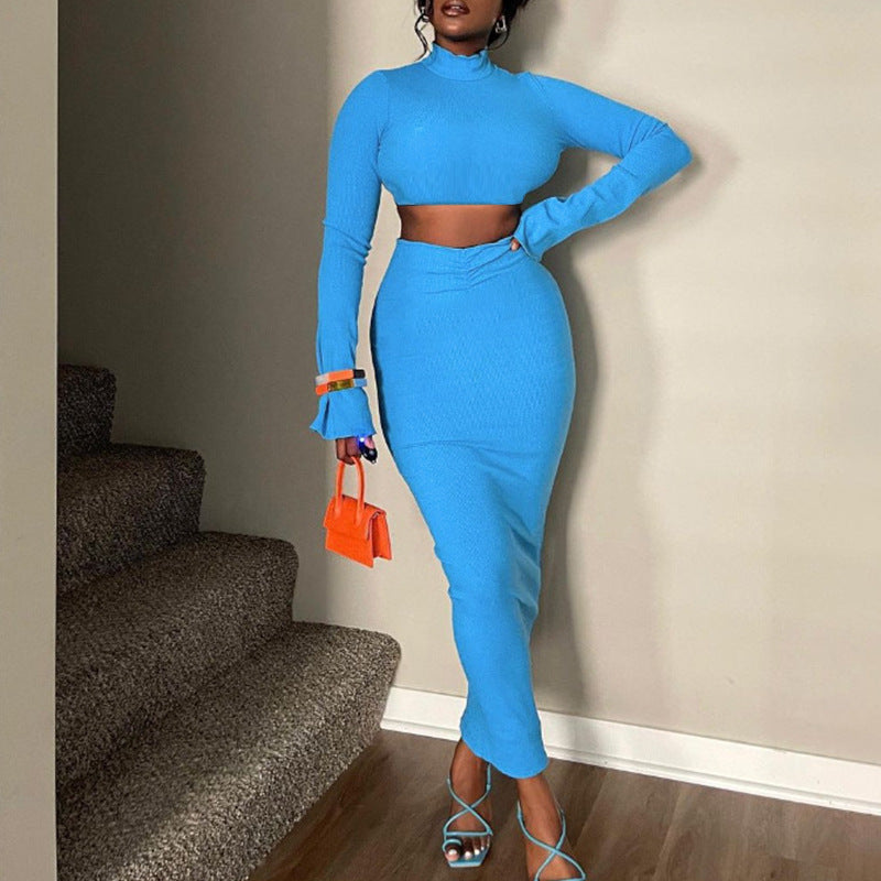 Women's Two-piece Set With Wrinkled Top And Long Skirt