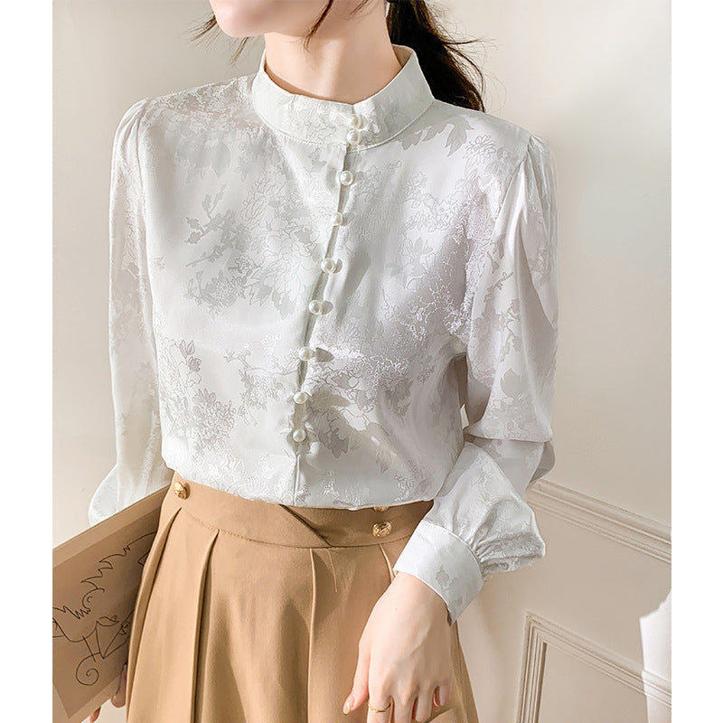 Stand Collar Long Sleeve Shirt Women's Design Beaded Western Style Inner Bottoming Top