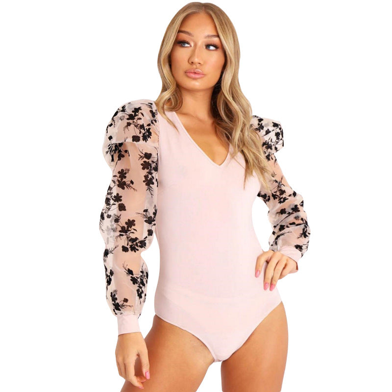 Women's mesh embroidered long-sleeved slim V-neck jumpsuit