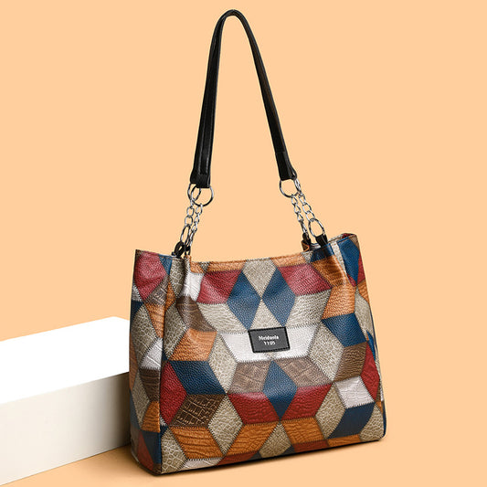 Retro Geometrisk Mønster Farve-match Skuldertaske Mode Stor Kapacitet Patchwork Håndtaske Til Kvinder Shopper