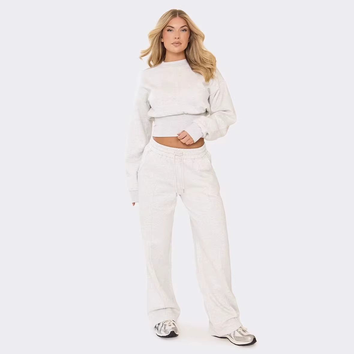 Women's Casual Sporty Long-Sleeve Drawstring Wide-Leg Pants Set