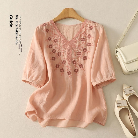Broderet Elegant Blonde V-hals Halværmet Pullover Bluse til Kvinder