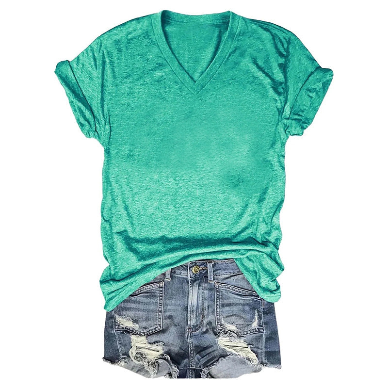 Europe And America Spring And Summer Solid Color Printing T-shirt V-neck Pullover