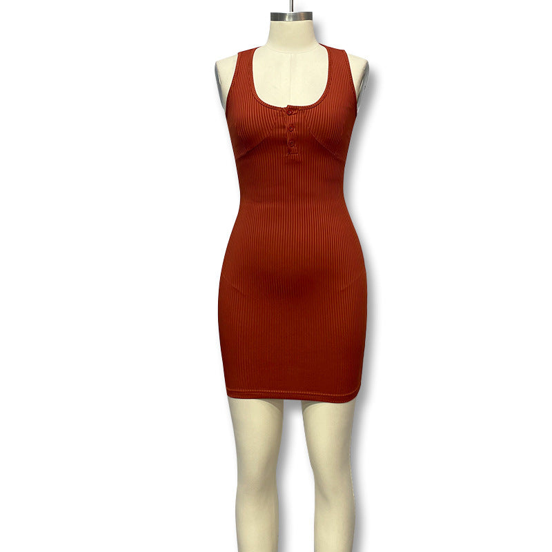 Solid-color Square-neck Sleeveless Fitted Slip Dress