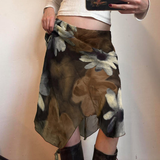 Amerikansk Retro Blomstret Printet Mesh Lappet Asymmetrisk Nederdel