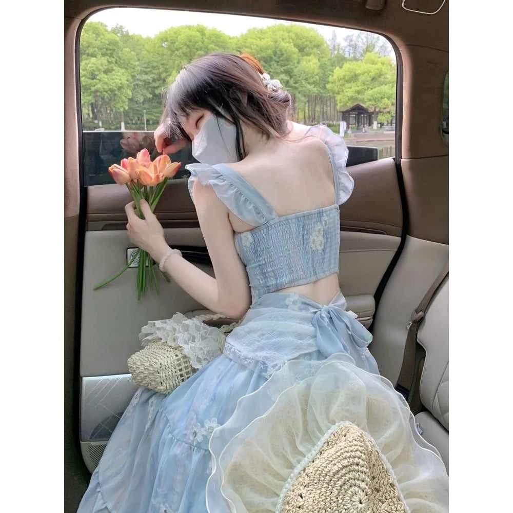 Backless Floral Maxi Dress With A Bow Tie Neckline