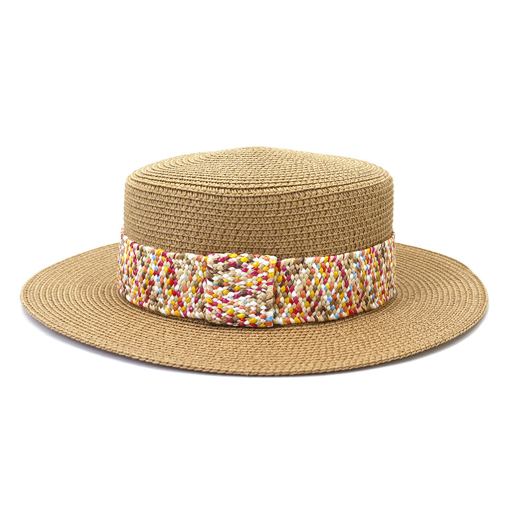 Color Flat Top Straw Hat Outdoor Travel Sunscreen