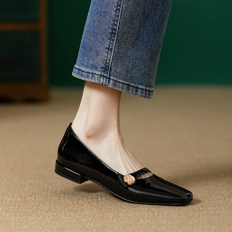 French Low Heel Camellia Women's All-matching Thick Heel Shoes