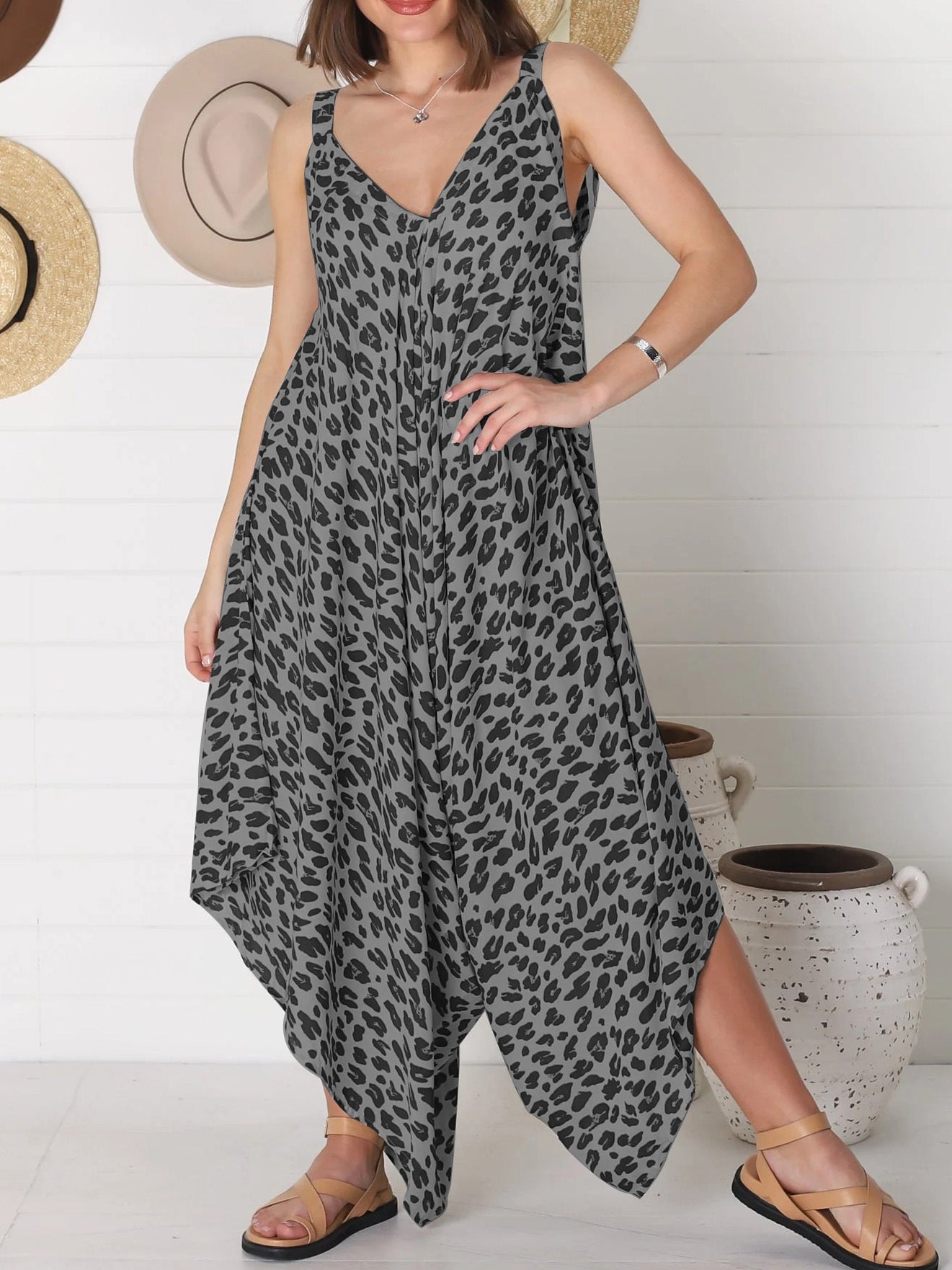Suspender Leopard Print Wide Leg Jumpsuit