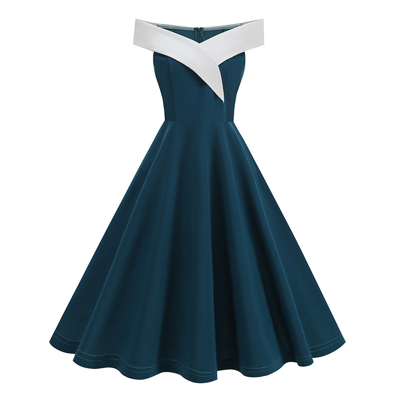 Womens Retro Off-the-Shoulder Sleeveless Contrast-Color Formal Dress