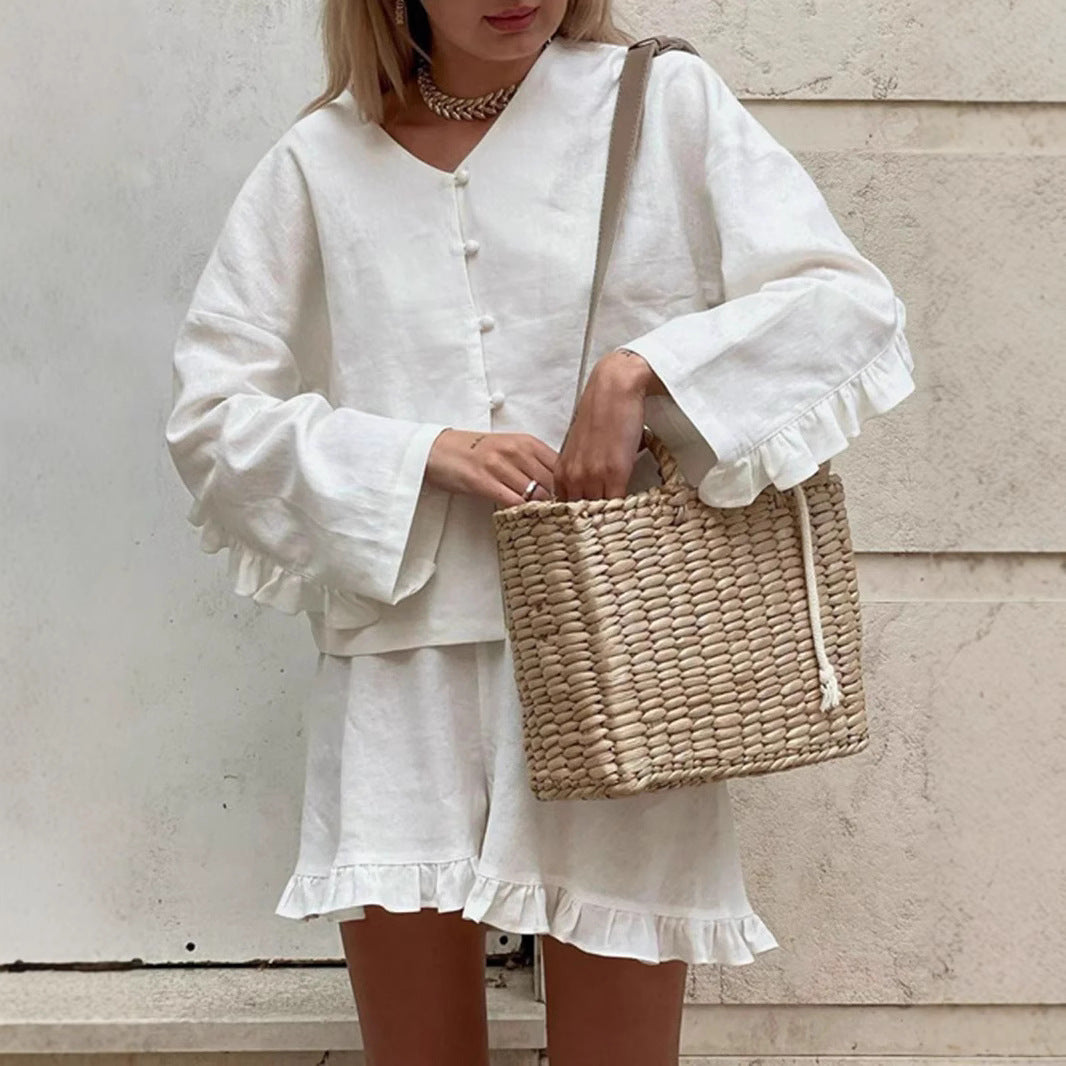 Fashionable Ruffle-Trim Shorts Casual Set