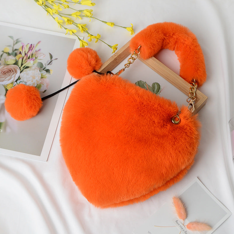Women's Heart-shaped Plush Peach Heart Artificial Wool Handbag