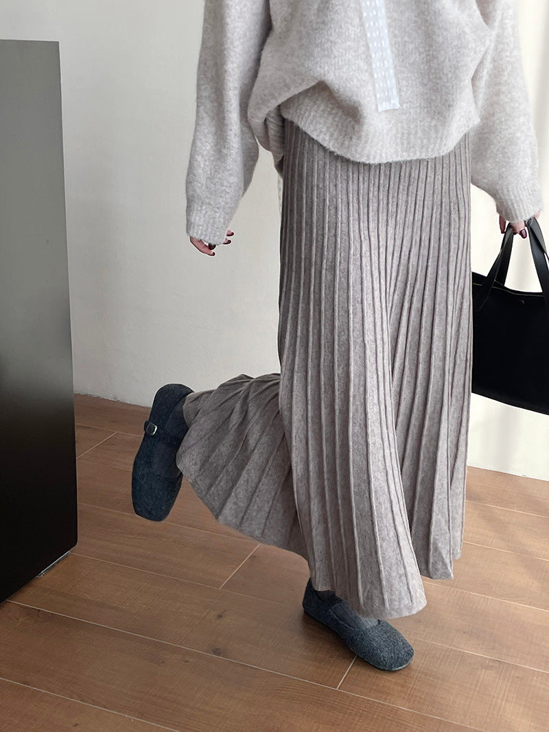 Korean Elastic Waist Knitted Pleated Skirt