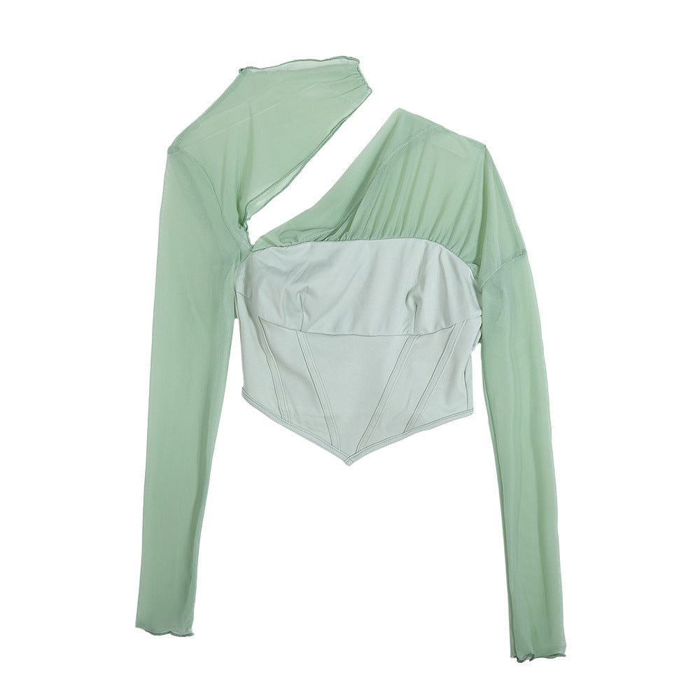 Europe And America's New Slim Fitting T-shirt Women's Mesh Splicing Hollow