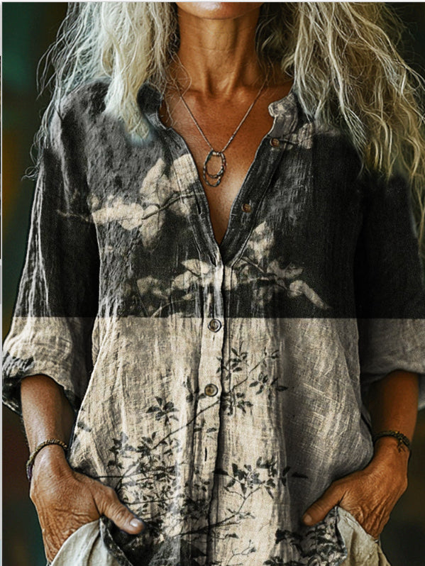 Women's Vintage Floral Texture Print Casual Cotton And Linen Shirt