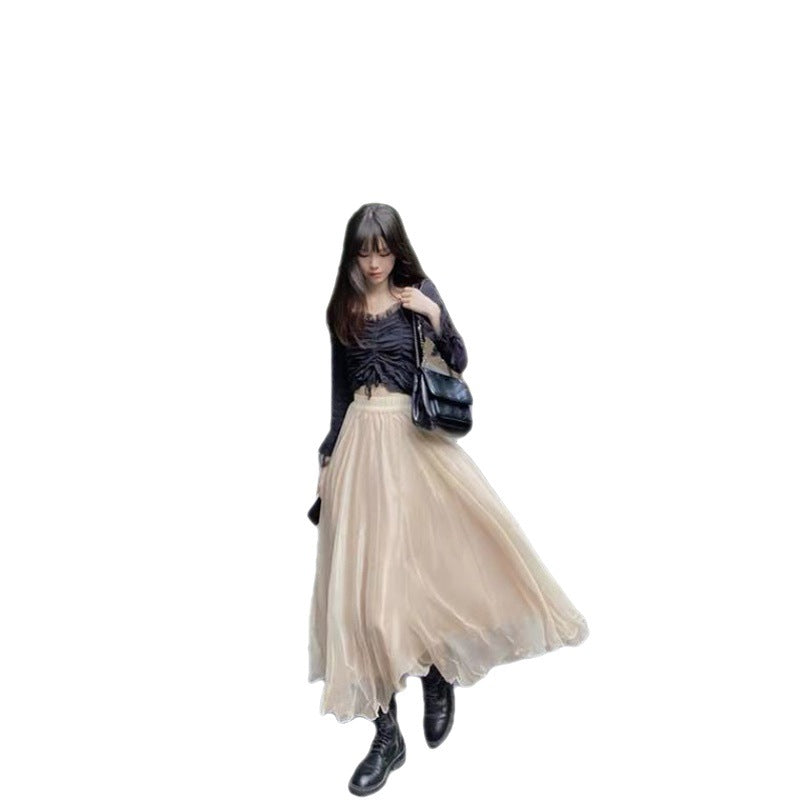 Oversized Wave Edge Gold Silk Chiffon Sparkling Pearl Skirt