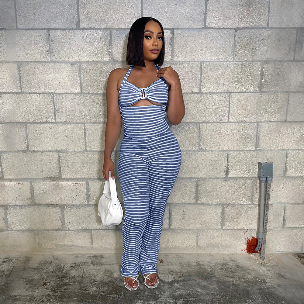 Outerwear Paired With Slim-fit Pencil Pants Two-piece Jacquard Striped Set