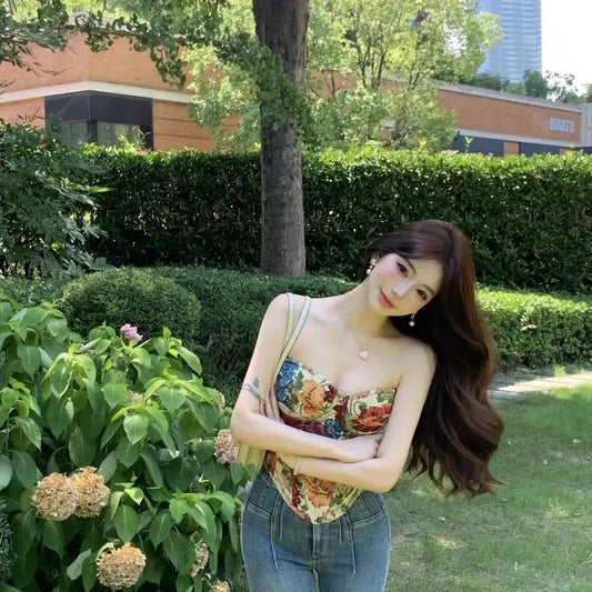 Hot Girl Oil Painting Camisole Floral Strapless Vest