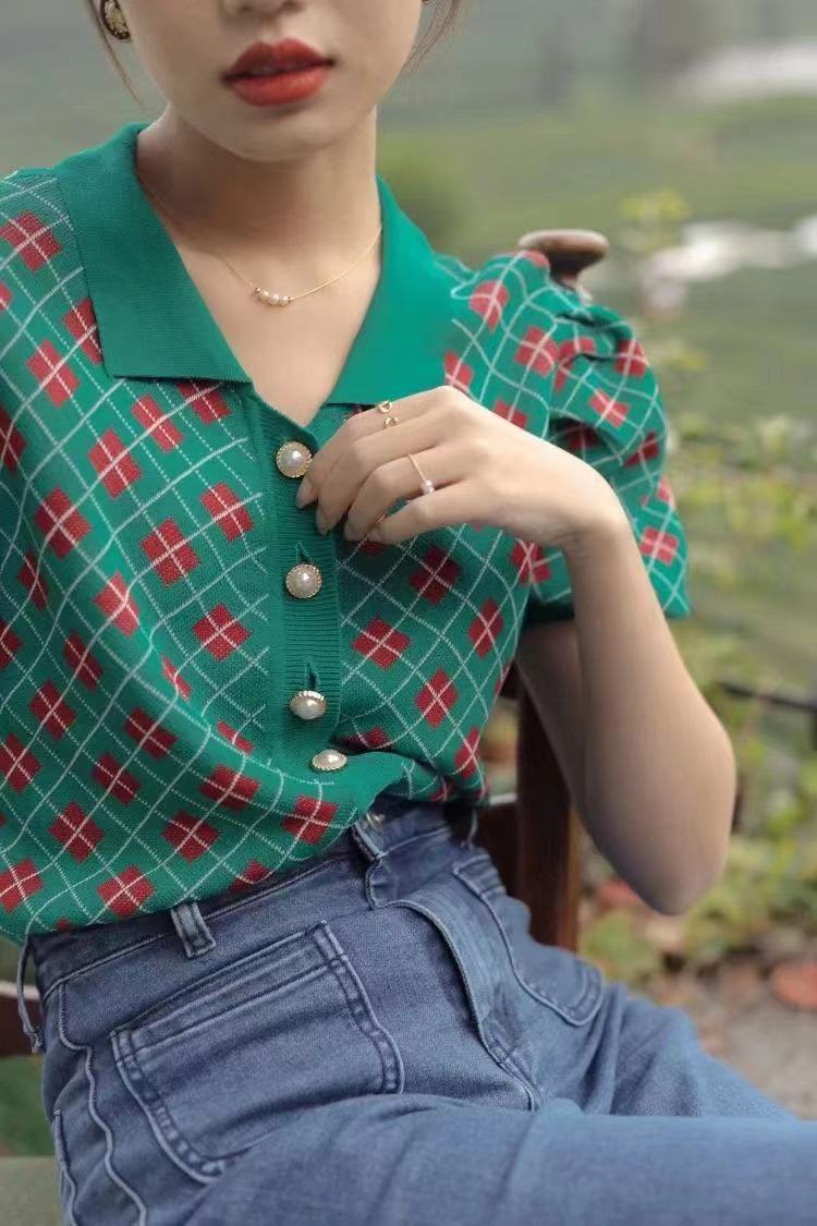 Women's Green Plaid Short-sleeved Knitted Cardigan Jacket