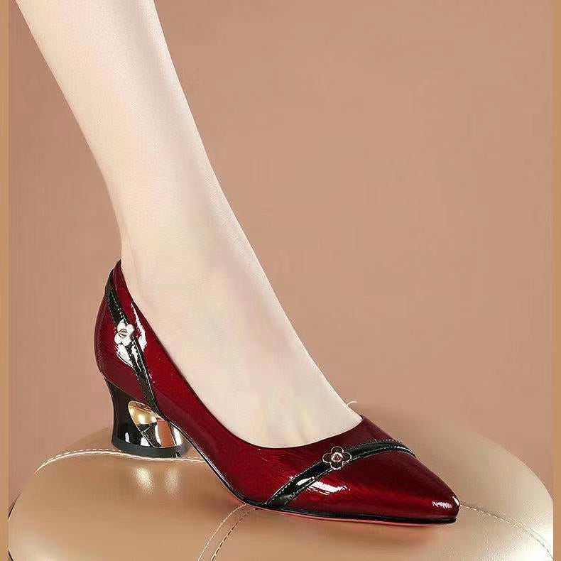 Thick Heels With Color Matching Low-heel Pointed Toe Shoes Women's Mid-heel