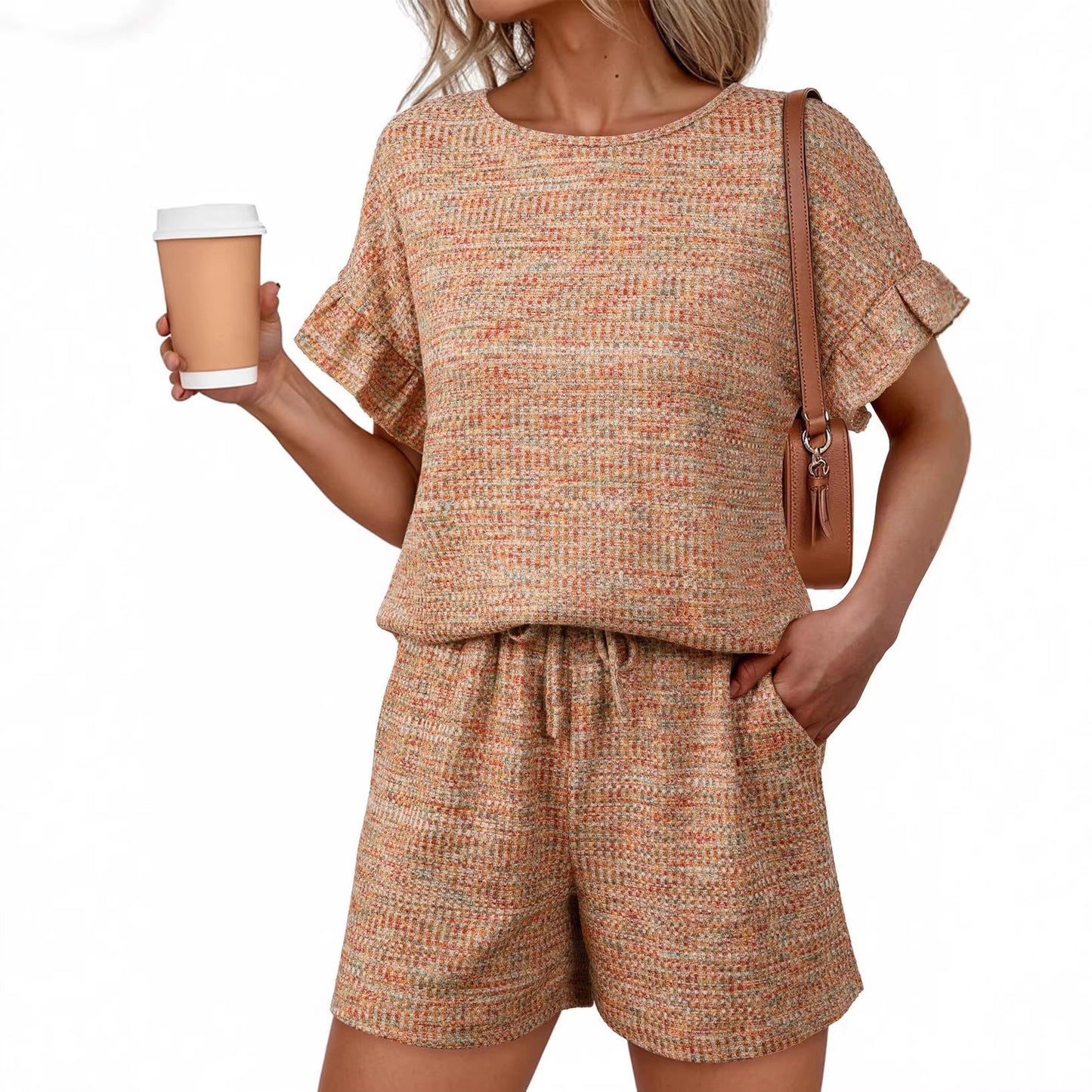 Summer Crew Neck Pullover Ruffle Sleeve Drawstring Pocket Shorts Set