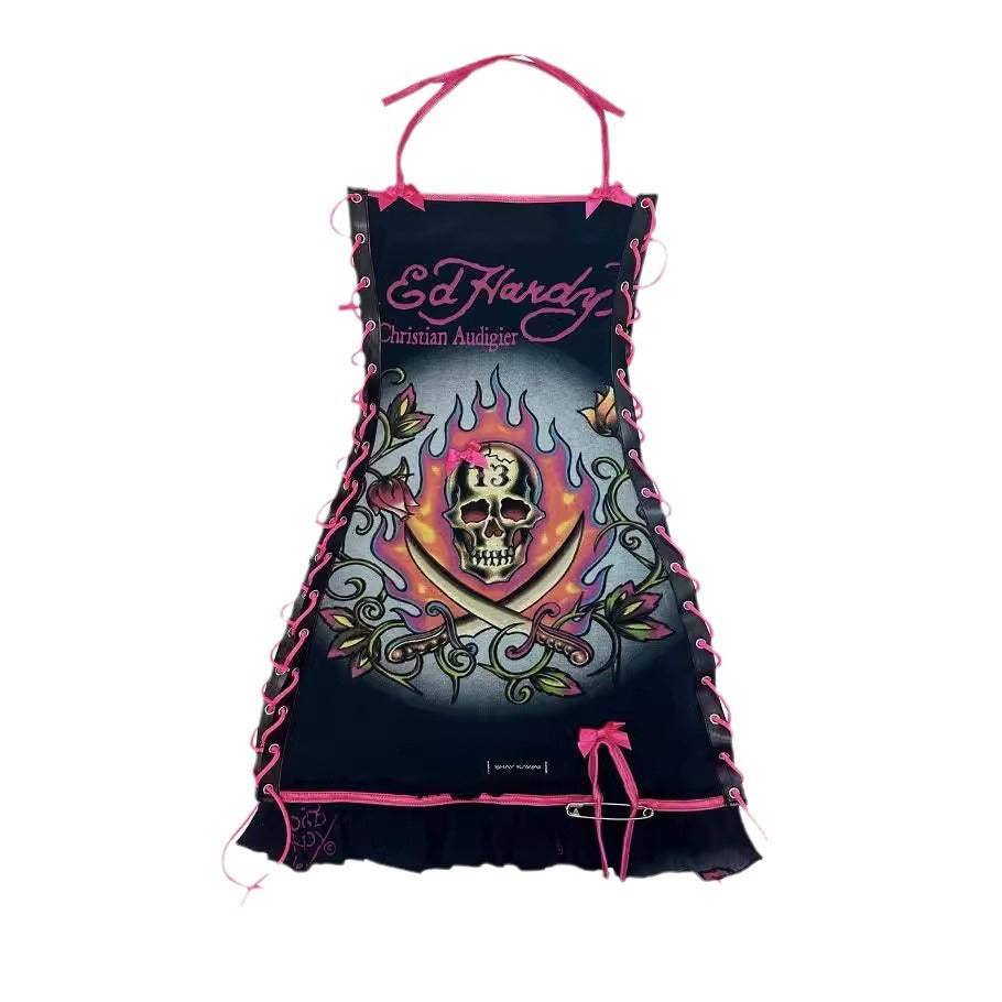 Printed Oil Painting Drawstring Tube Top Slip Dress