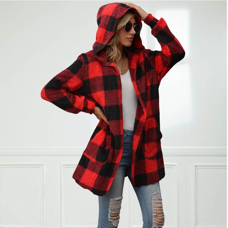 Women's Loose Black And White Plaid Hooded Long Sleeve Jacket