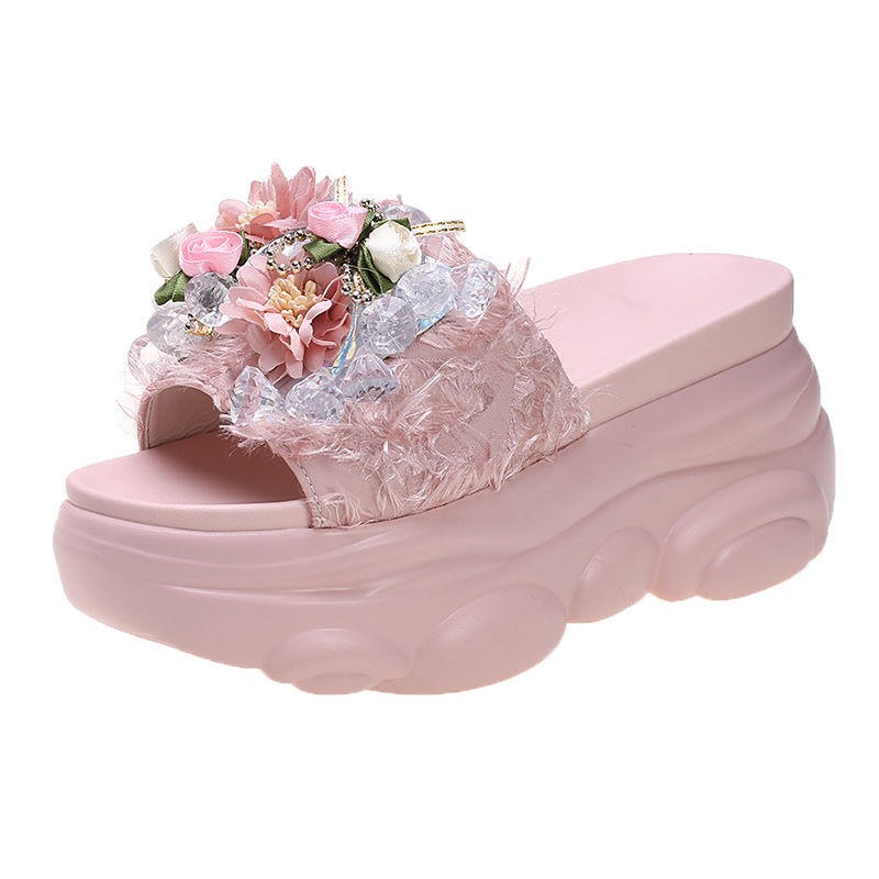 Søde damesandaler med rhinsten, tyk bund og blomster