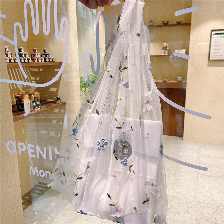 Mesh Embroidered Flower Bag Fairy Cute Handbag In Summer