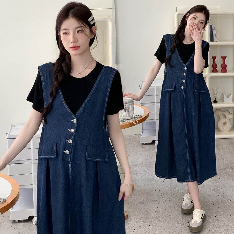 Plus size tynd denimvest, nederdel, basis T-shirt, todelt sæt
