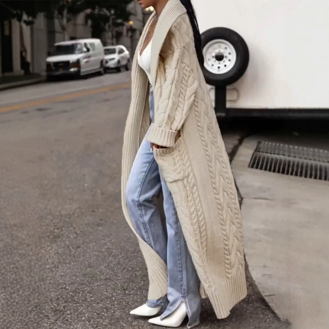 Women's Solid Color Thick Hemp Flowers Large Lapel Long Cardigan Sweater Coat