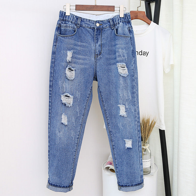 Women's High Waist Pants Plus Size Jeans With Ripped Holes