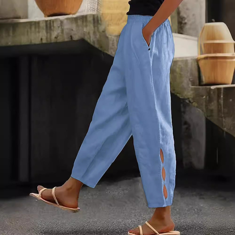 Hollow-Out Ankle Detail Trousers - Button-Adorned Bottom Hem Pants For Women Summer Daily Wear