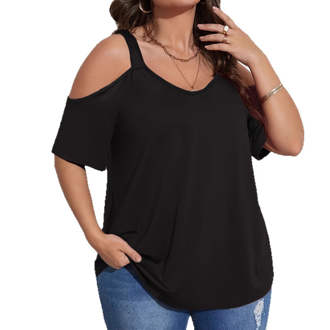 Womens Solid-Color Off-Shoulder Fashion Short-Sleeve T-Shirt