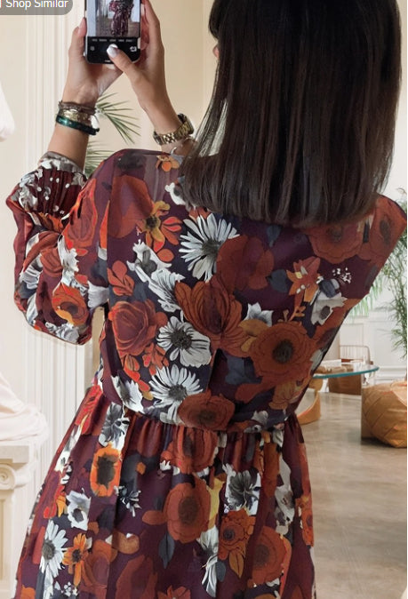 Printed V-neck Puff Sleeve Dress