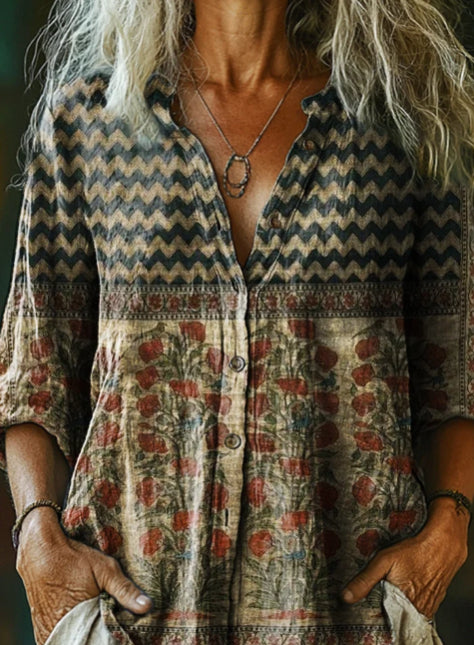 Women's Vintage Bohemian Floral Art Print Casual Cotton Linen Shirt