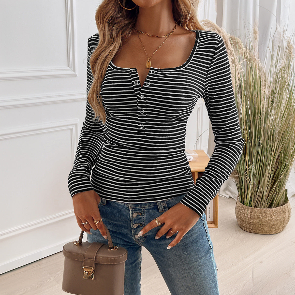Elegant Slim U-neck Button Striped Long-sleeved Top T-shirt