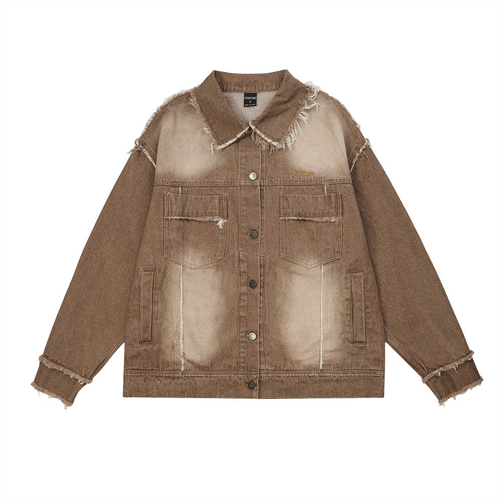 Guochao High Street Contrast Color Monkey Wash Denim Jacket