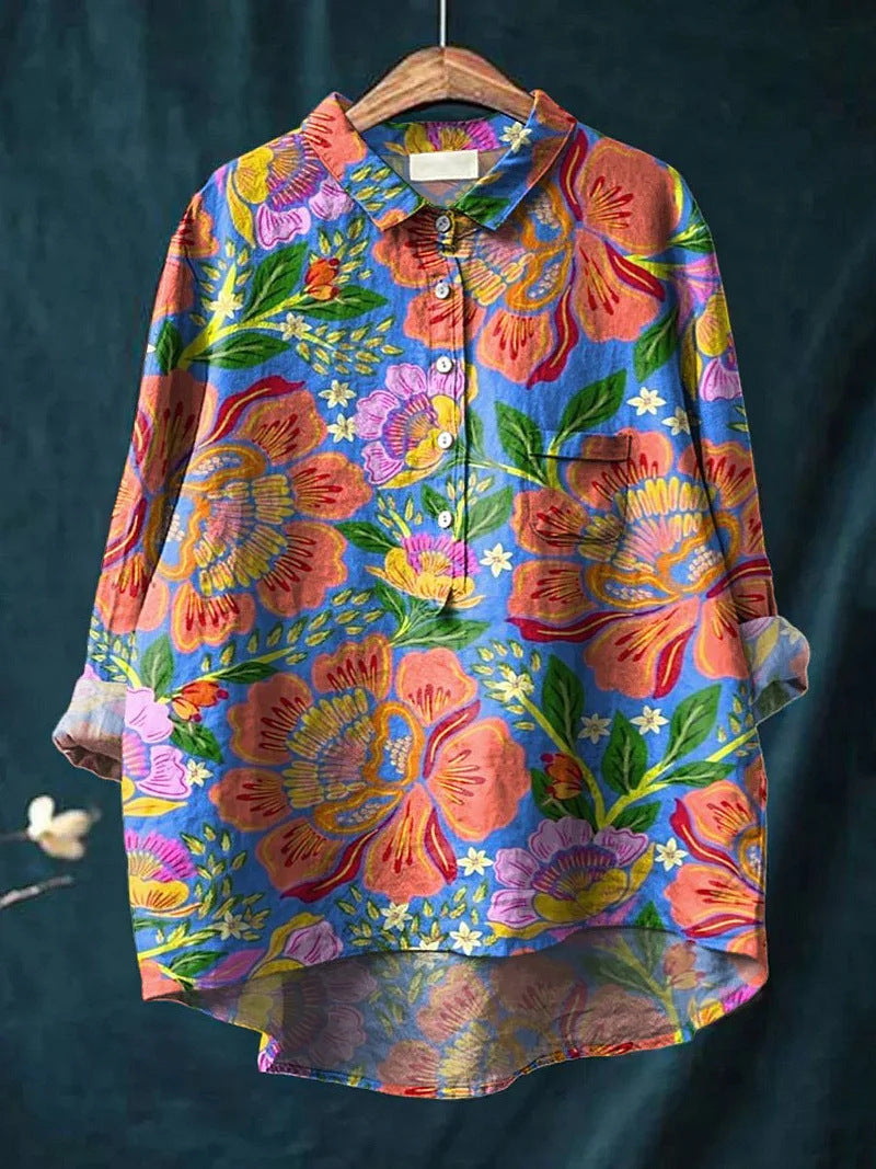 Lapel Long Sleeve Shirt Vintage Floral Flower T-shirt Shirt