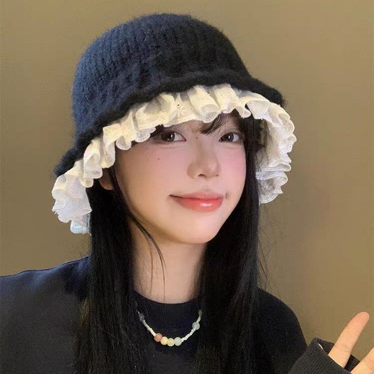 Womens Lace-trimmed Knitted Fisherman Hat