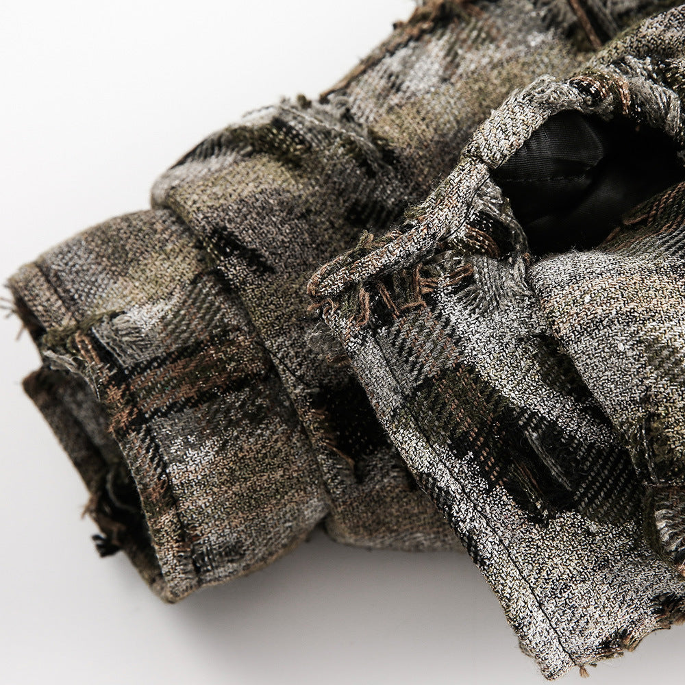 Faux Fur Collar Cotton-padded Coat Men's Tie-dyed Distressed Coat