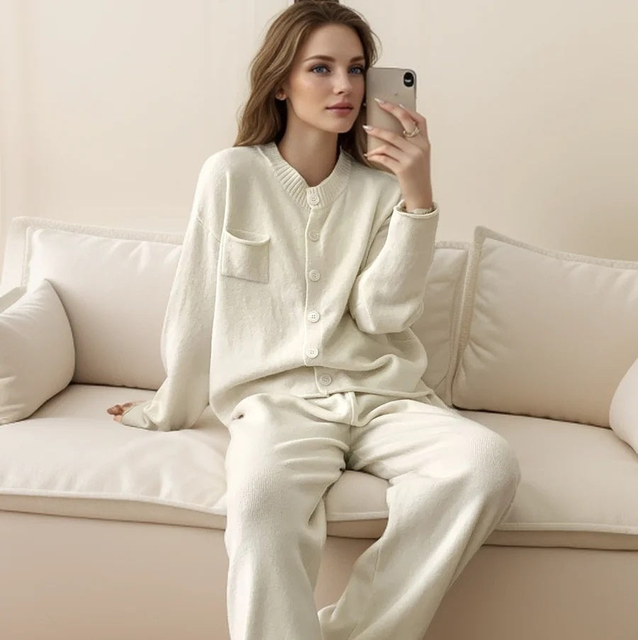 Knitting Suit Women's Loose Round Neck Cardigan Sweater Wide Leg Pants All-matching