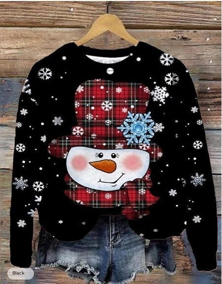 Round Neck Long Sleeve Sweater Plus Size Christmas Print