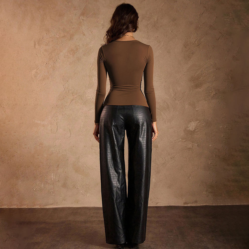 New Coffee-colored Square-neck Ruffled Cropped Slim-fit Top