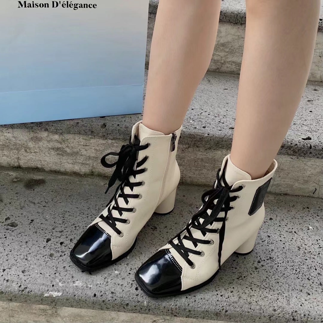 Women's New Square Toe Thick High-heeled British Style Martin Boots