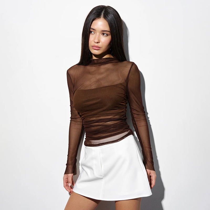 Ny rundhalset pullover med gennemsigtigt mesh-bustier-detalje